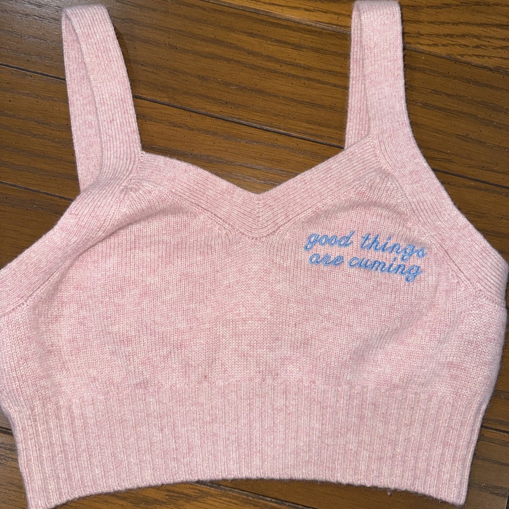 SABLYN Joyce Cashmere Pink Ribbed Tank S ‎ "good things are coming" Embroidered
